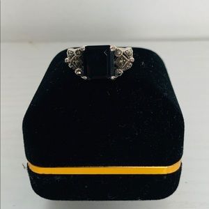 Onyx, marcasite, and sterling silver ring
